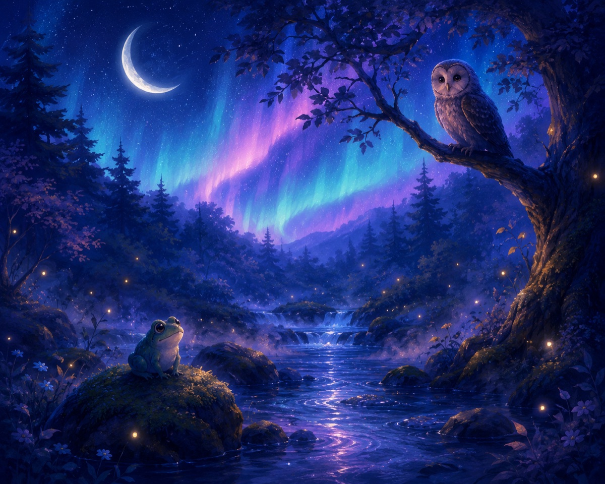 A moonlit forest stream with frogs and an owl under the aurora