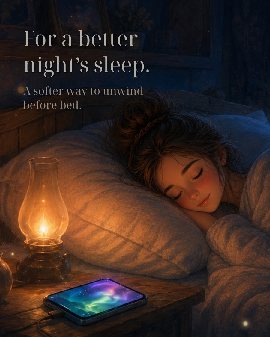 A woman sleeps peacefully while her phone glows softly on the bedside table — for a better night's sleep with Hushmere