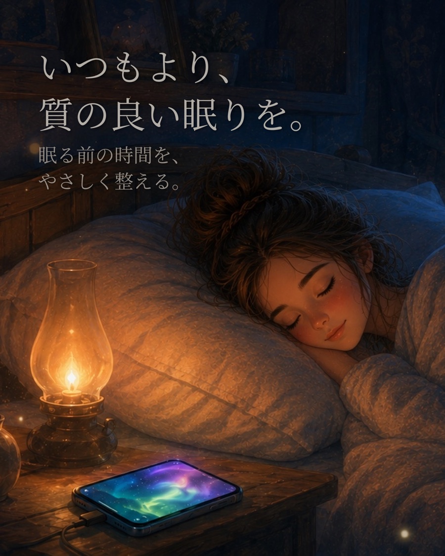 枕元でスマホがやさしく光る中、女性が安らかに眠っている。いつもより、質の良い眠りを。