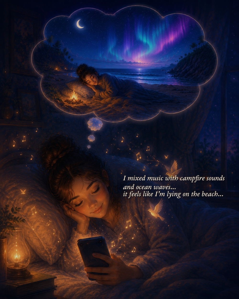 A woman in bed imagines lying on a moonlit beach by a campfire while mixing sounds in Hushmere
