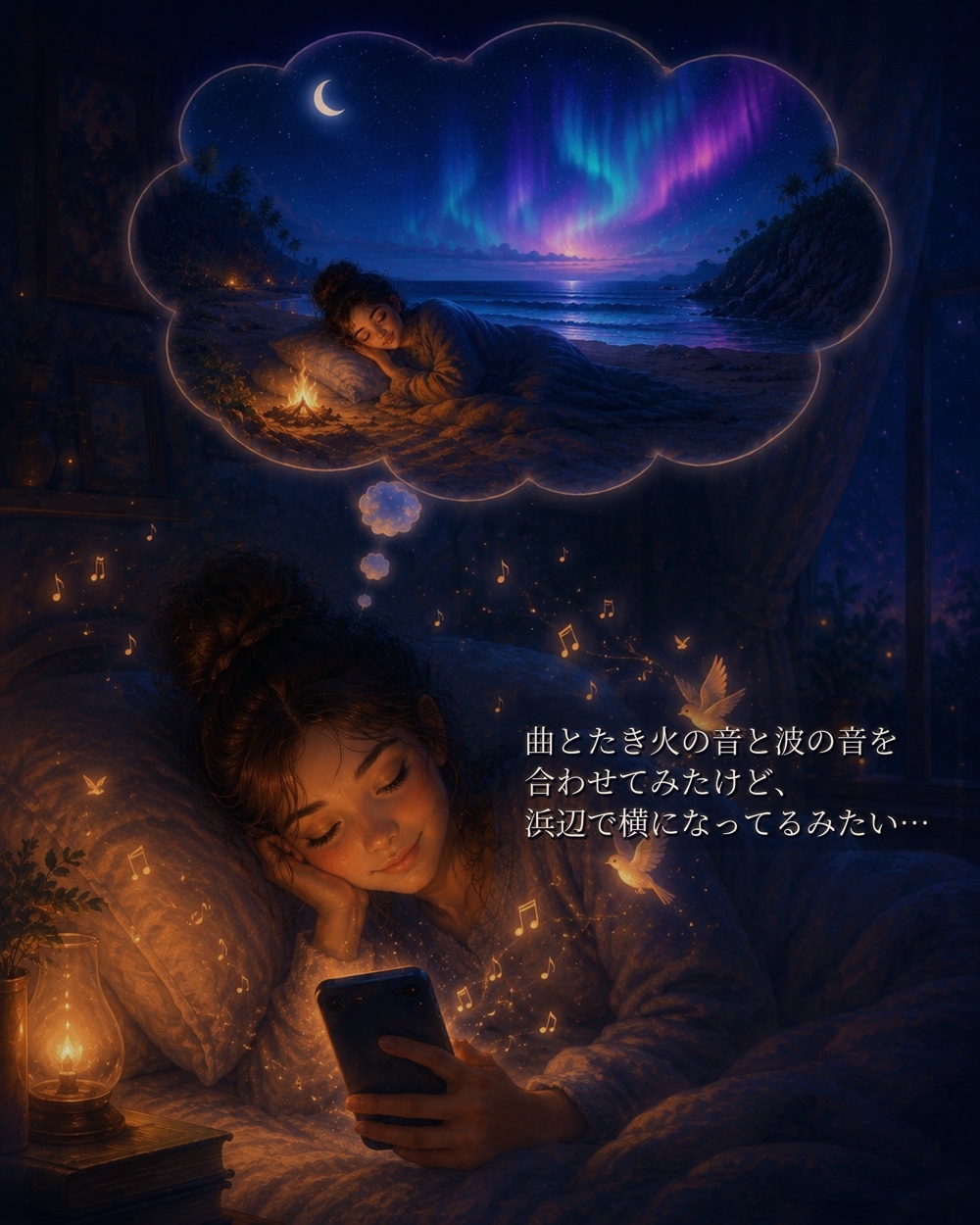 女性がベッドでスマホを見ながら、たき火と波の音で浜辺にいる自分を想像している様子